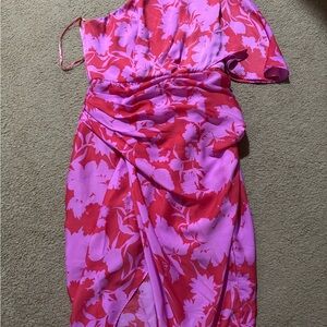 DO+BE Pink and Red Asymmetrical One-Shoulder Ruched Dress